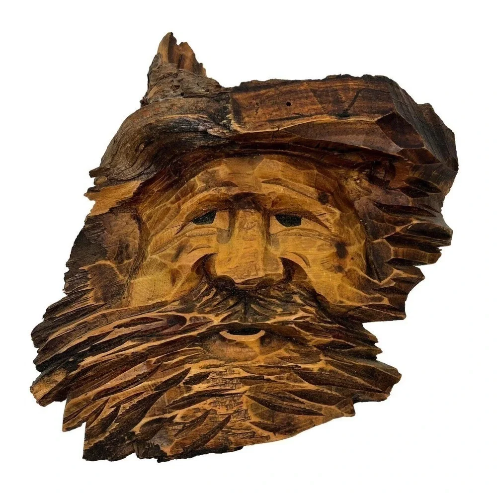 Vintage Artisan Real Wood Hand Carved Old Man Wall Hangings Set of 2 Bearded
